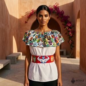Mexican hand made  Blouse – Handmade design  peasent Large to extra large Lucha